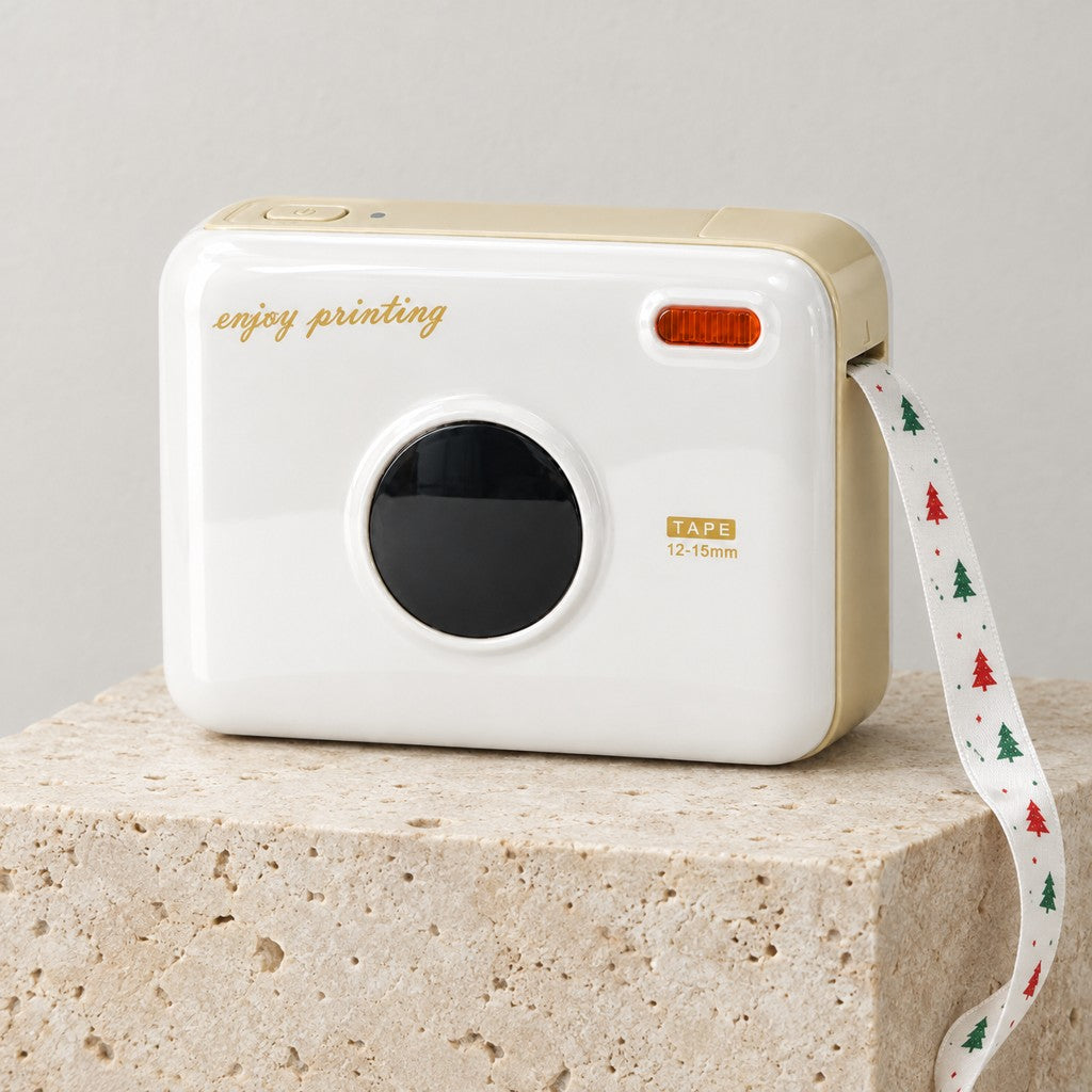 White printer printing a Christmas tree ribbon, front view